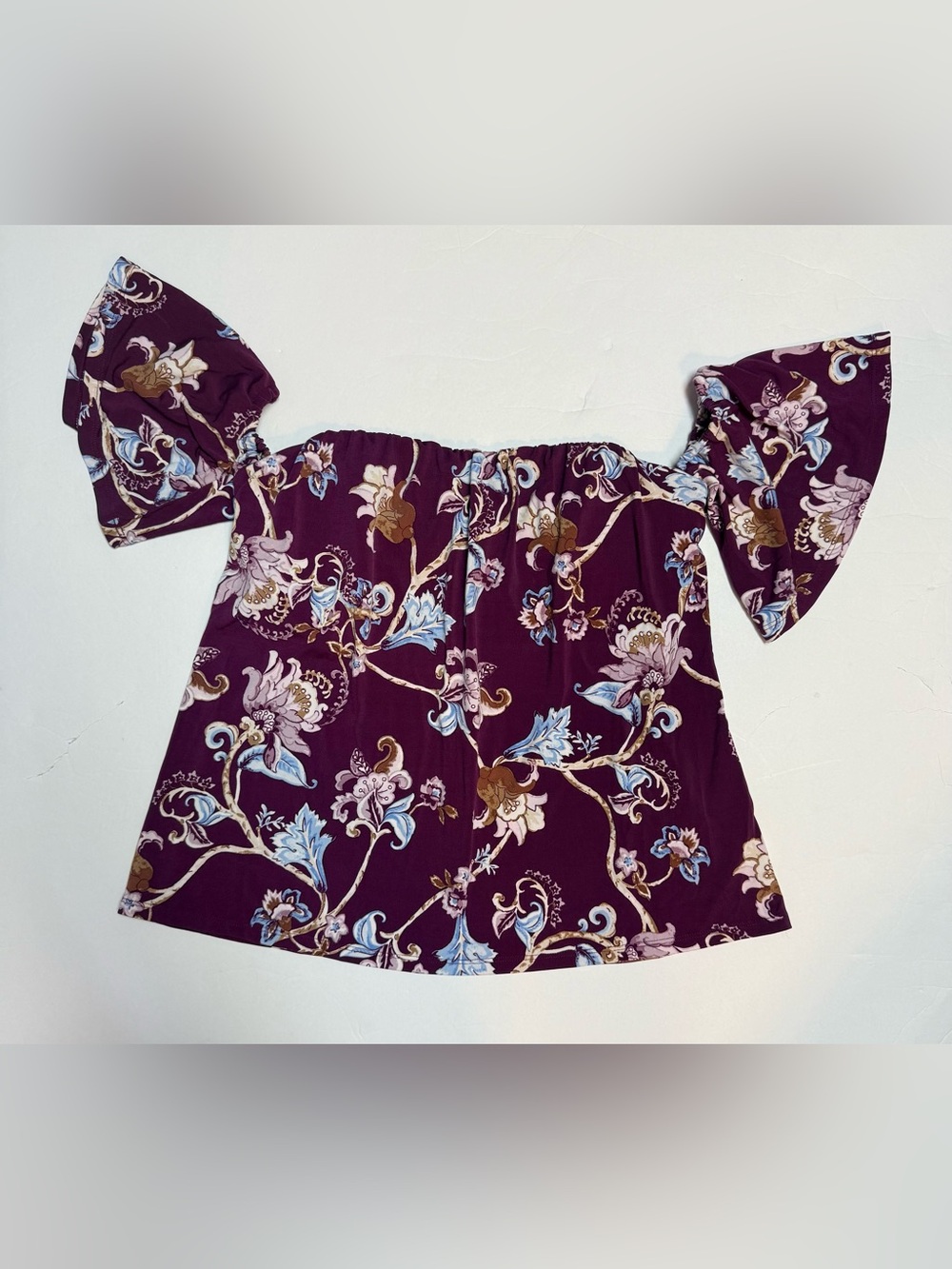 White House Black Market Plum Off-Shoulder Floral Blouse size 2 - Picture 10 of 13